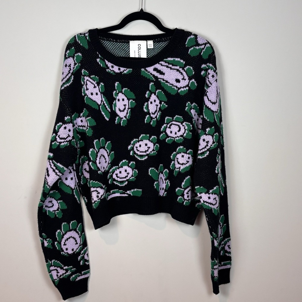 Collusion ASOS Black Knit‎ Smiling Flowers Daisies Cropped Sweater Women's US 18